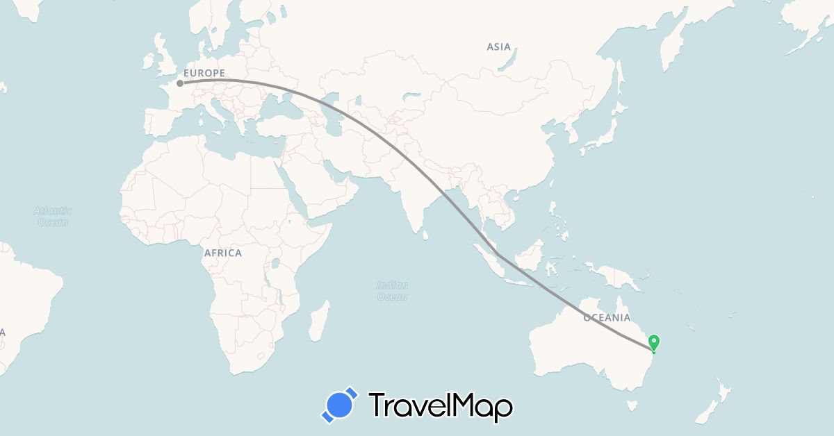 TravelMap itinerary: driving, bus, plane in Australia, France, Singapore (Asia, Europe, Oceania)